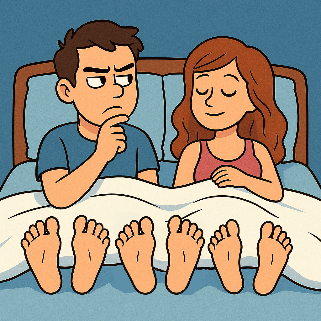 Ein Paar im Bett; der Mann bemerkt überrascht sechs Beine unter der Decke und sagt: „Da stimmt was nicht!“