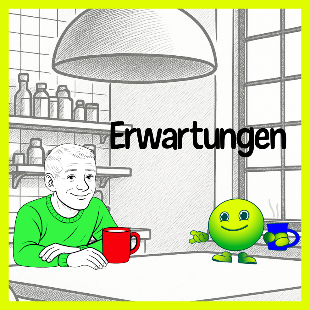 Sisu und Psycho sitzen am Frühstückstisch im Gespräch über Erwartungen und Enttäuschungen – der Cartoon-Titel „Erwartungen" ist als Überschrift zu sehen.