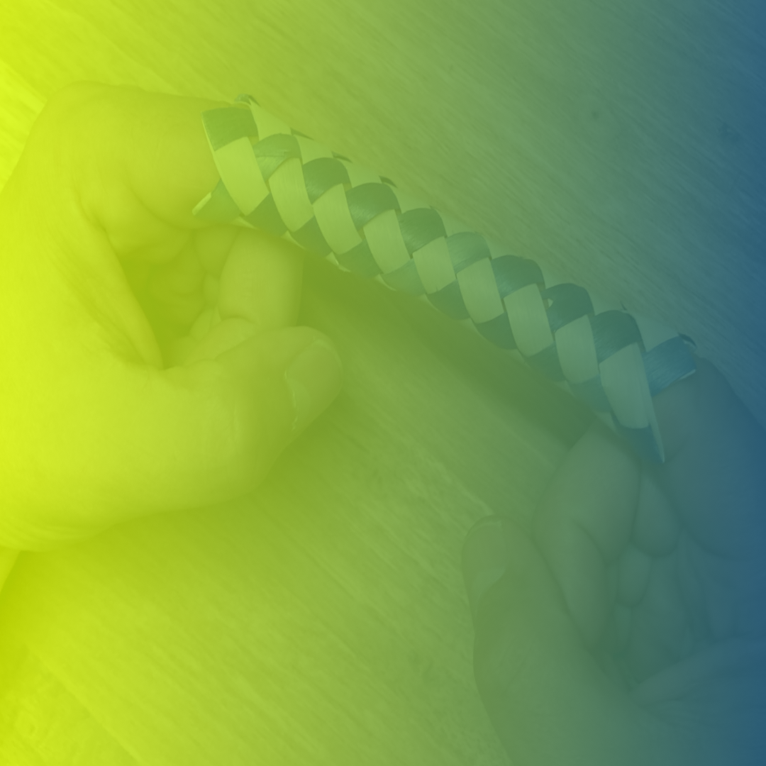 Geflochtene Fingerfalle aus Bambus, in die zwei Finger gesteckt sind.