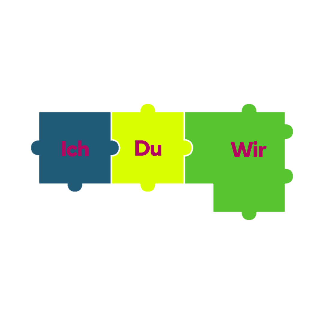 Sich wichtig nehmen ist nur ein Teil: Puzzle mit den Teilen „Ich“, „Du“ und „Wir“, die ineinandergreifen und Gleichwertigkeit symbolisieren.