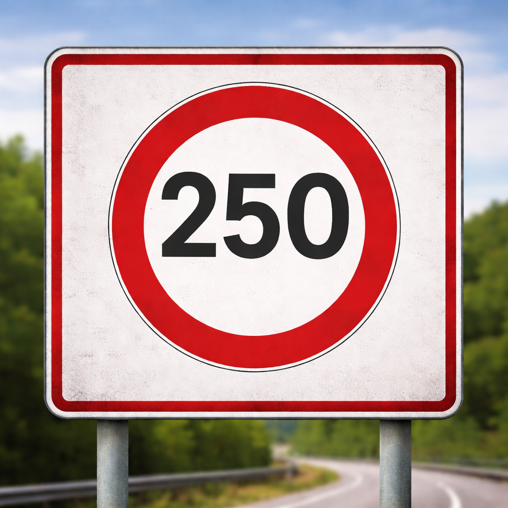 Verkehrsschild mit Geschwindigkeitsbegrenzung auf 250 km/h als Symbol für überhöhtes Lebenstempo und menschliche Überforderung.