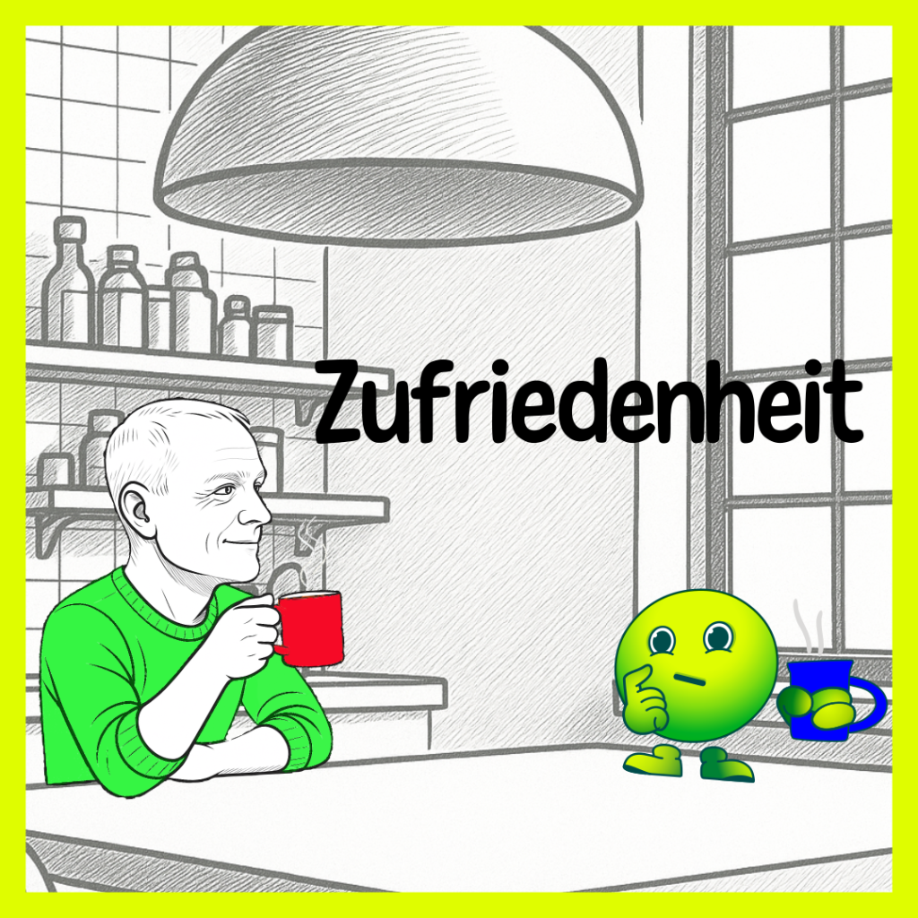 Sisu und Psycho sitzen am Frühstückstisch im Gespräch über Zufriedenheit – der Cartoon-Titel „Zufriedenheit" ist als Überschrift zu sehen.